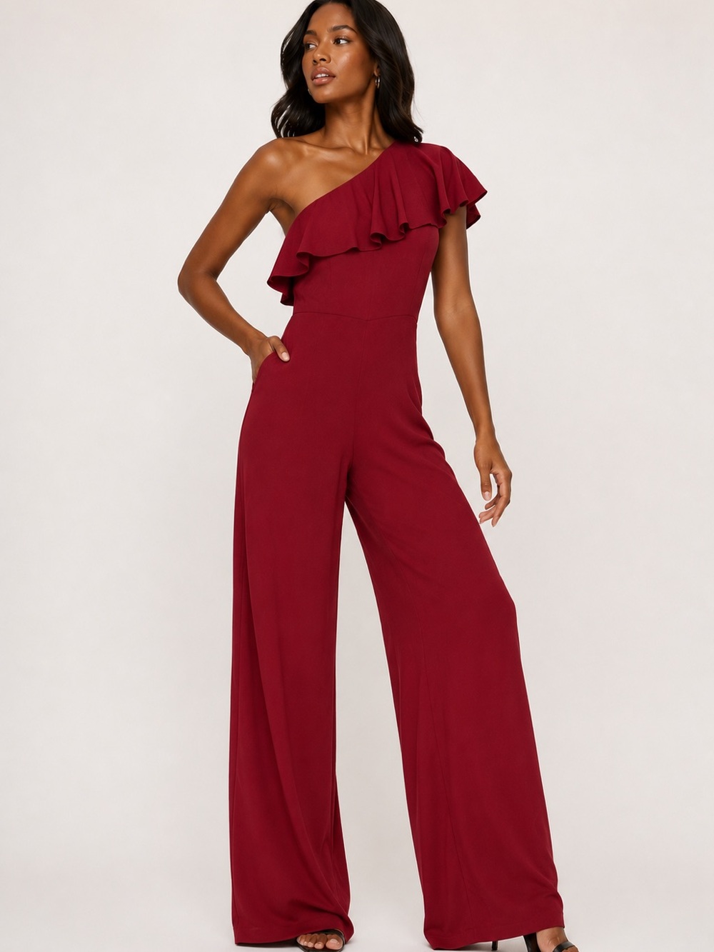 Zara One-Shoulder Ruffle Wide-Leg Jumpsuit - Burgundy